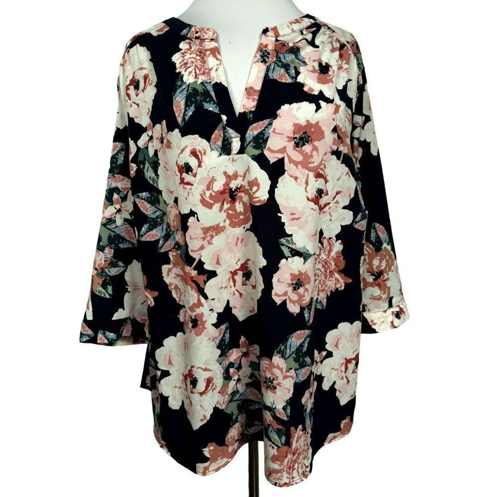 Eliane Rose Bold Cabbage Rose Pullover Print Top Blouse Sz 2X Navy Dusty Rose